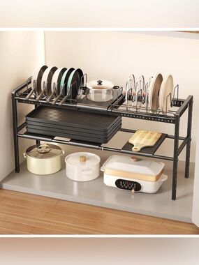 New Kitchen Cabinet Organizer,Expandable,Adjustable Height,2 Tier,Dividers,Black
